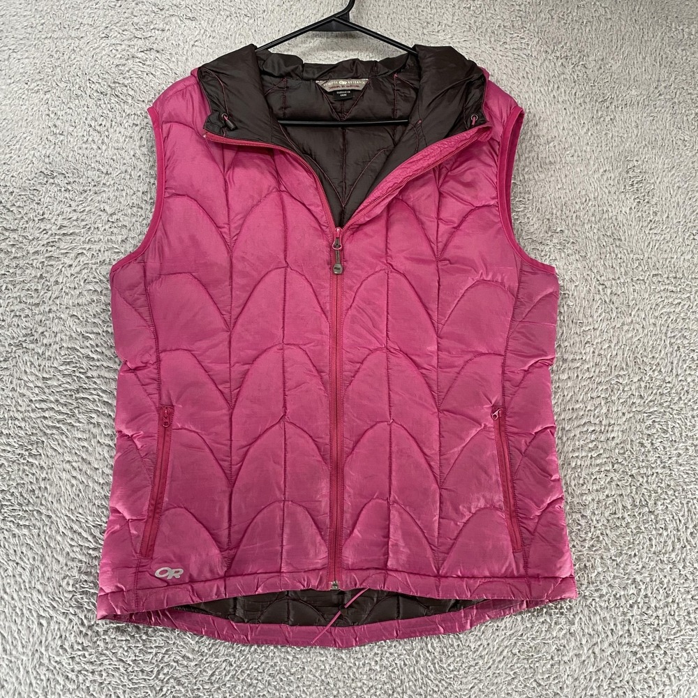 Outdoor Research Puffer Vest Womens XL Pink Hooded Down Insulated Quilted Aria